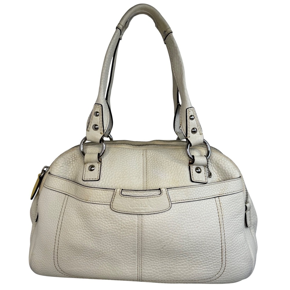 Coach Leather Satchel Handbag Cream Pebble Grain Silver Hardware Top Zip Vintage